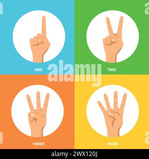Contare uno due tre quattro segni a quattro mani concetto di design 2x2 su sfondi colorati illustrazione vettoriale isolata piatta Illustrazione Vettoriale