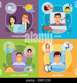 Quattro composizioni quadrate di disturbo del sonno con immagini piatte che rappresentano diversi tipi di sonnipatia con illustrazione vettoriale dei caratteri del paziente Illustrazione Vettoriale