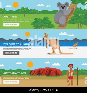 Australia viaggio banner orizzontali set con spiaggia deserto aborigeno e fauna selvatica isolato illustrazione vettoriale Illustrazione Vettoriale