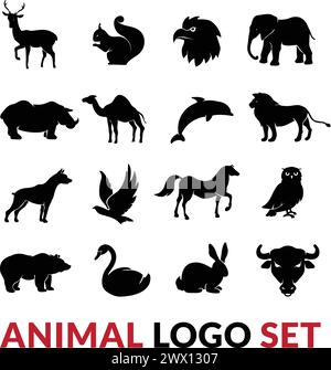 Wild Animals silhouette nere icone con logo insieme con scoiattolo di cigno di elefante di leone e vettore di cammello illustrazione isolata Illustrazione Vettoriale