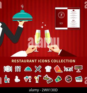 Ristorante emoji icone sfondo collezione con immagini cartoni piatti di mani cameriere champagne vetro e menu vettore illustrazione Illustrazione Vettoriale