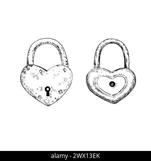 Lucchetti a forma di cuore in stile retrò. Elementi di design in bianco e nero disegnati a mano. Illustrazione vettoriale. Illustrazione Vettoriale