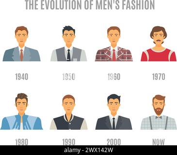 Set icone moda uomo. Fashion Evolution Avatar Vector Illustration. Set decorativo uomo Fashion Evolution. Set di design Fashion Evolution. Moda Evol Illustrazione Vettoriale
