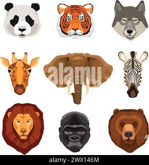 Immagini Set di ritratti di animali selvatici disegnati in stile piatto immagine vettoriale isolata Illustrazione Vettoriale
