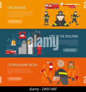 Pagina web dei vigili del fuoco 3 banner orizzontali piatti per informazioni sugli allarmi antincendio nell'edificio illustrazione vettoriale astratta e isolata Illustrazione Vettoriale