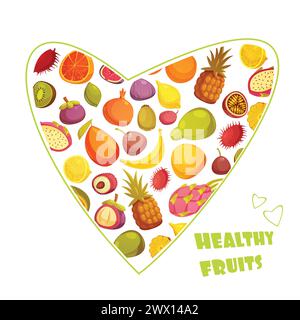 Manifesto pubblicitario sulla dieta della frutta sana con assortimento a forma di hart di pompelmo di banana di pera e illustrazione vettoriale astratta di ananas Illustrazione Vettoriale
