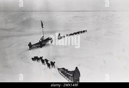 Didascalia originale: Point Barrow, Alaska. Corsa molla sopra il ghiaccio. Quando si incontra l'acqua, cani e slitte vengono caricati nelle barche della pelle. ca. anni '1930 Foto Stock