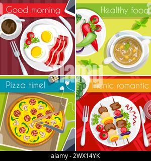 Icona del cibo insieme quattro tipi di pasto colazione pizza sana tempo picnic illustrazione vettoriale Illustrazione Vettoriale