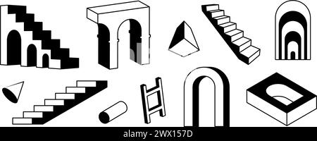 Serie di scale e archi in prospettiva. Collezione di elementi geometrici surreali in bianco e nero. porta ad arco 3d, scala, scala, fascio di cancelli. Forme trippy per collage, poster, striscioni, adesivi. Vettore Illustrazione Vettoriale