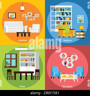 Interni di diverse stanze che presentano il salotto la cucina casalinga e interni retrò composizioni ortogonali 2x2 illustrazione vettoriale Illustrazione Vettoriale