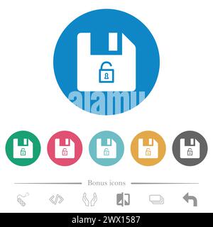 Sbloccare le icone bianche piatte del file su sfondi a colori rotondi. 6 icone bonus incluse. Illustrazione Vettoriale