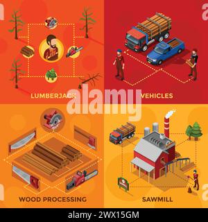 Lumberjack 2x2 concept design isometrico set di lavorazione del legno e composizioni di segheria utensili e veicoli per il trasporto di legname icone Illustrazione Vettoriale