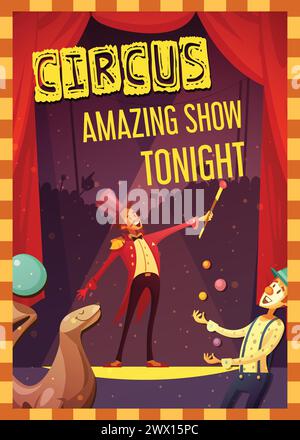 Viaggiare chapiteau circus mostra annuncio retro cartoon stile poster stampa con clown e mago performance vettoriale illustrazione Illustrazione Vettoriale