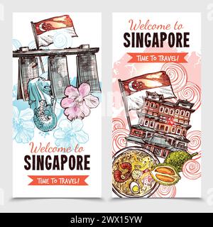 Singapore banner verticali in stile disegnato a mano con merlion e Marina Bay immagini e descrizione Benvenuti a singapore vettoriale illustrazione Illustrazione Vettoriale