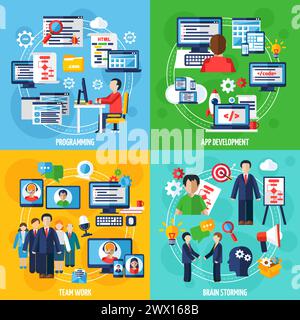 Programmatore 2x2 concept set di programmazione app sviluppo lavoro team e cervello storming icone composizioni flat vettore illustrazione Illustrazione Vettoriale