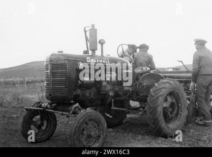 Uomini in una fattoria del Wyoming con McCormick-Deering Farmall Tractor CA. anni '1940 Foto Stock