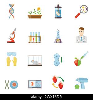 Biotecnologia e genetica icone a colori piatti insieme di microscopi embrione DNA molecole esperimenti con animali e piante illustrazione vettoriale Illustrazione Vettoriale