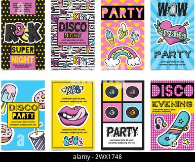 Colorato elegante abito toppa badge banner set con discoteca notte WOW festa discoteca serata descrizioni vettoriale illustrazione Illustrazione Vettoriale