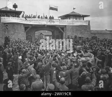 I prigionieri liberati nel campo di concentramento di Mauthausen vicino a Linz, in Austria, danno un caloroso benvenuto ai cavalieri dell'11a Divisione corazzata. Lo striscione sul muro fu fatto dai prigionieri lealisti spagnoli ca. 6 maggio 1945 Foto Stock