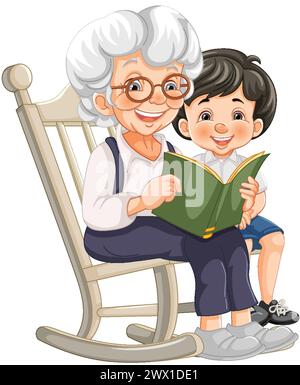 Donna anziana e bambino che si godono un libro insieme Illustrazione Vettoriale