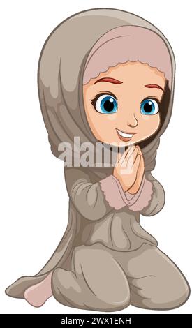 Cartone animato di un bambino felice che indossa un hijab Illustrazione Vettoriale