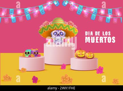 Dia de los muertos significa giorno dei morti. Festa messicana, Template Banner Vector Illustration. Illustrazione Vettoriale