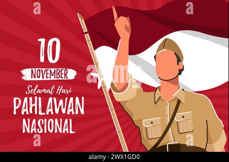 Selamat hari pahlawan nasional. Traduzione: Felice giornata degli eroi nazionali indonesiani illustrazione vettoriale. Adatto per poster sulla progettazione di modelli, banner, GR Illustrazione Vettoriale