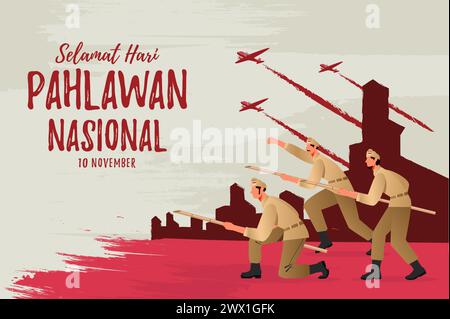 Selamat hari pahlawan nasional. Traduzione: Felice giornata degli eroi nazionali indonesiani illustrazione vettoriale. Adatto per poster sulla progettazione di modelli, banner, GR Illustrazione Vettoriale