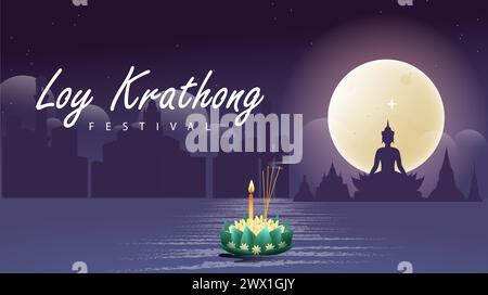 Loy krathong Festival viaggi Thailandia poster Design sfondo illustrazione vettoriale. Luogo sacro del fiume Chao Phraya in Thailandia sullo sfondo. Illustrazione Vettoriale