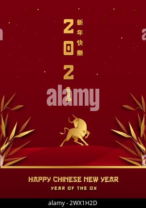 Gong Xi fa Cai, traduzione : felice Capodanno cinese 2021, anno del bue, zodiaco cinese e oroscopo Illustrazione Vettoriale