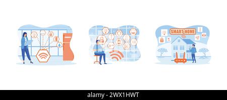 Casa intelligente, tecnologia per la casa intelligente online che collega gli elettrodomestici con lo smartphone. Sistema tecnologico per la casa con controllo da smartphone. Casa intelligente Illustrazione Vettoriale