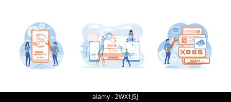 Aggiornamento software per la progettazione di app mobili. Aggiornamento software mini persone lavorano con il sistema di aggiornamento. Concetto del sistema operativo. Imposta i vettoriale piatto moderno Illustrazione Vettoriale