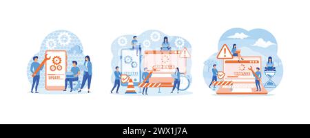 Aggiornamenti di sistema con persone che aggiornano le operazioni nei programmi di installazione e informatica. Piccoli programmatori che aggiornano il sistema operativo. Errore tecnico e. Illustrazione Vettoriale