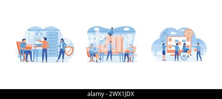 Amministratore di sistema manutenzione del server, regolazione della rete. Gli amministratori di sistema o gli amministratori di sistema stanno effettuando la manutenzione dei rack server. Amministrazione e supporto di Illustrazione Vettoriale