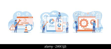 Piccoli programmatori che aggiornano il sistema operativo. Aggiornamenti di sistema con persone che aggiornano le operazioni nei programmi di installazione e informatica. Migliorare la rete, se Illustrazione Vettoriale