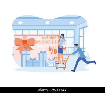 Buono regalo e promozione. Persone felici che fanno acquisti online con un buono sconto e un buono regalo. illustrazione moderna vettoriale piatta Illustrazione Vettoriale