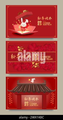 Traduzione : Capodanno cinese 2023 anno del Coniglio. Modello di zodiaco cinese, poster Banner Flyer per l'illustrazione vettoriale del Capodanno cinese Illustrazione Vettoriale