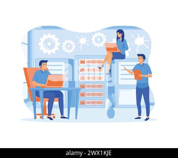 Gli amministratori di sistema o gli amministratori di sistema stanno servendo i rack server. Amministrazione di sistema, upkeeping, configurazione di sistemi informatici e reti concep Illustrazione Vettoriale