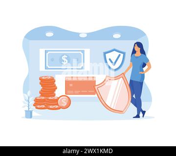 Donna che protegge carte di credito e banconote con scudo. Concetto di sicurezza delle transazioni, sicurezza o protezione del trasferimento elettronico di fondi, pagamento sicuro Illustrazione Vettoriale