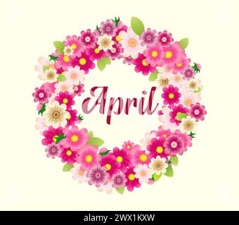 Biglietto d'auguri di aprile. Poster dei social media. Design da cartolina con splendida corona rosa floreale. Un'idea decorativa di primavera. Post della timeline della rete. Decorazioni delle porte Illustrazione Vettoriale