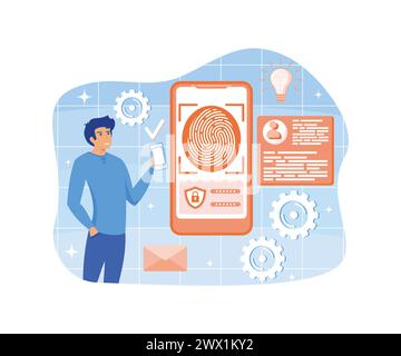 Piattaforma o servizio online per lo sviluppo di sistemi di riconoscimento facciale. Autenticazione biometrica facciale, identificazione video. App mobile. vettoriale piatto moderno Illustrazione Vettoriale