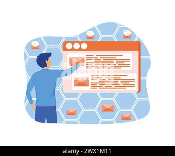 Concetto di servizio postale. Uomo sullo schermo del browser che controlla la cassetta postale online. illustrazione moderna vettoriale piatta Illustrazione Vettoriale