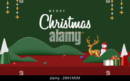 Banner 3D realistico buon Natale e felice anno nuovo con illustrazione vettoriale elemento 3D. Illustrazione Vettoriale