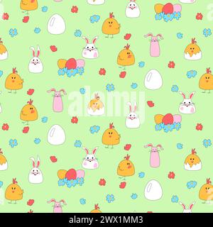 Motivo senza cuciture con polli pasquali, lepri e uova in un nido. Margherite su sfondo verde per i prodotti per bambini. Carini conigli per vestiti per bambini. Illustrazione vettoriale piatta per la stampa di imballaggi, tessuti e tessuti. Illustrazione Vettoriale
