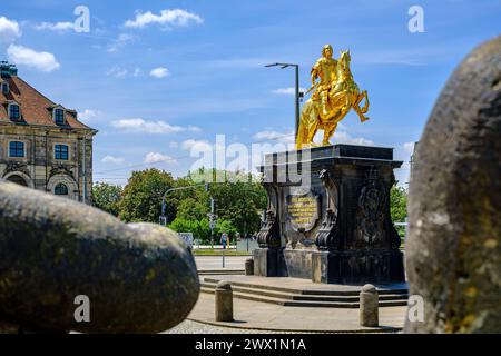 Cavaliere d'oro, statua equestre dell'elettore sassone e re di Polonia, Augusto il forte al mercato della città nuova di Dresda, Sassonia, Germania. Foto Stock