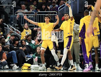 Milwaukee, Stati Uniti. 26 marzo 2024. I giocatori di panchina dei Los Angeles Lakers festeggiano durante la partita di stagione regolare NBA tra i Los Angeles Lakers e i Milwaukee Bucks a Milwaukee, Stati Uniti, 26 marzo 2024. Crediti: Joel Lerner/Xinhua/Alamy Live News Foto Stock