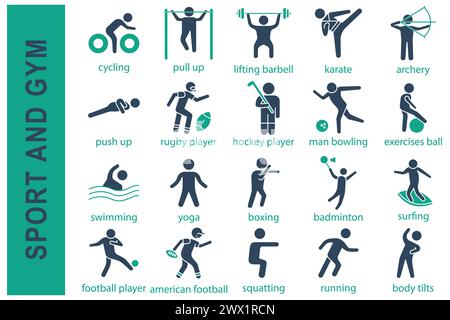 icone dello sport. icona sport e gym set. nuoto, yoga, pugilato, badminton, giocatore di calcio, giocatore di rugby, giocatore di hockey e molto altro ancora. stile icona a tinta unita. spor Illustrazione Vettoriale