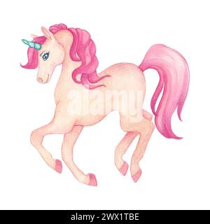 Illustrazione acquerello di un simpatico unicorno saltato nei colori rosa e turchese. Personaggio dei fumetti fiabeschi per decorare la carta da parati della camera dei bambini Foto Stock