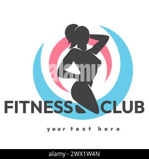 Logo o emblema del centro sportivo fitness club Gym. Donna forte che posa una silhouette vettoriale isolata su sfondo bianco. Non e' stata usata nessuna intelligenza artificiale. Illustrazione Vettoriale