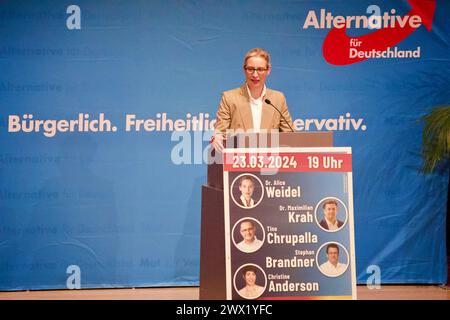 Harmonie Heilbronn Hall, Heilbronn, Germania, 23 marzo 2024. Conferenza elettorale AFD. Dottoressa Alice Weidel, Tino Chrupalla, dottoressa Maximilian Krah, Foto Stock